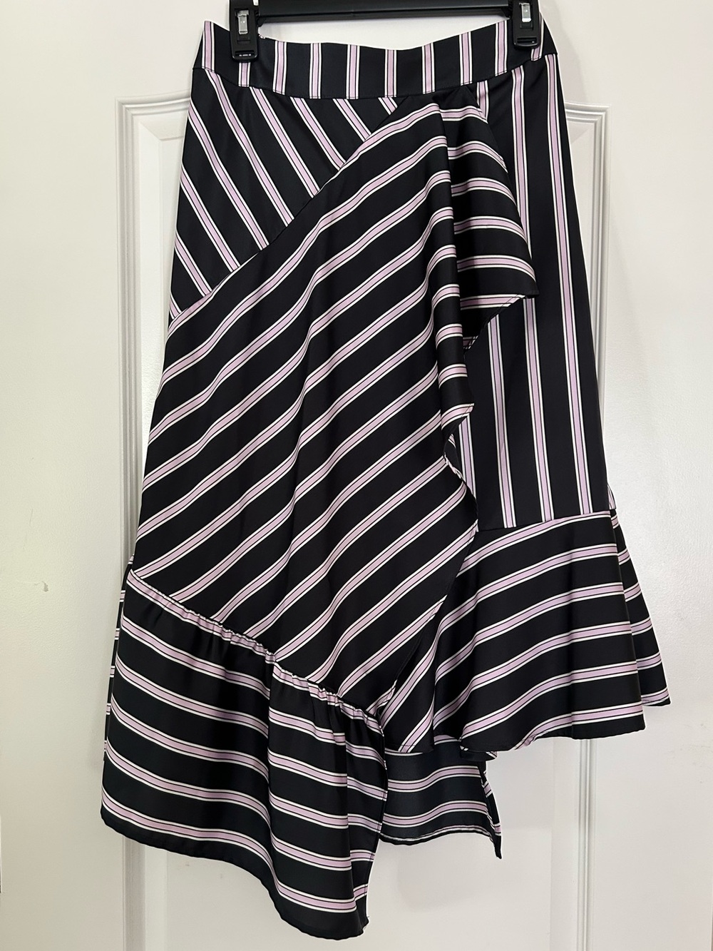 A New Day Striped Black and Lavender Ruffled Asymmetrical Midi Skirt